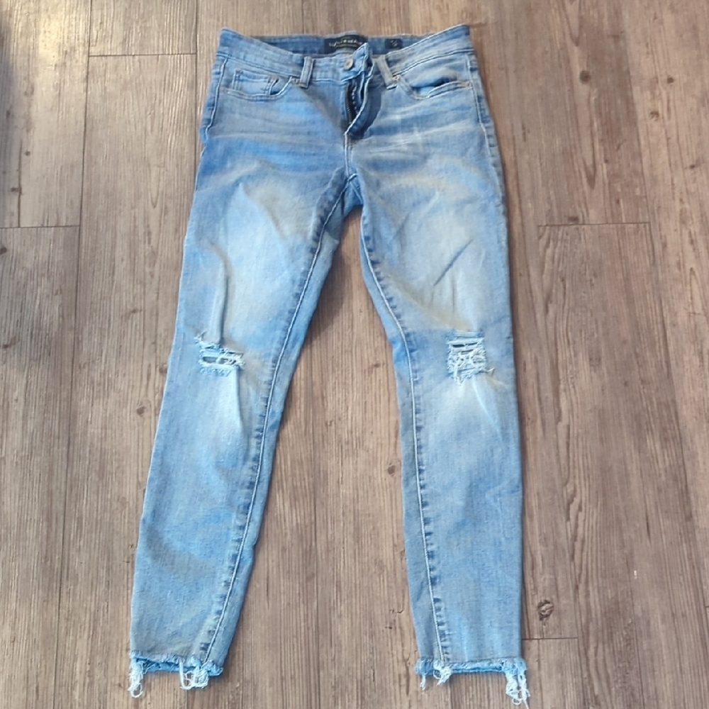 Blue Skinny Distressed Jeans with Raw Hem